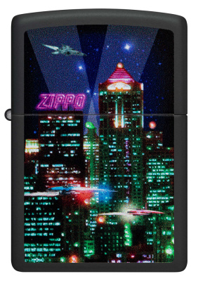 Зажигалка ZIPPO Кибергород с черным матовым покрытием | Cyber City Black Matte, латунь/сталь, черная 38x13x57 мм