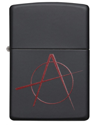 Зажигалка ZIPPO Символ анархии с черным матовым покрытием | Anarchy Symbol Black Matte, латунь/сталь, чёрная, матовая, 38x13x57 мм