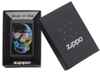 Зажигалка ZIPPO Цветной череп с черным матовым покрытием | Colorful Skull Design Black Matte, латунь/сталь, черная, 38x13x57 мм