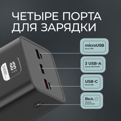 Внешний АКБ NRG Turbo V4 50000 мА-ч, дисплей, черный, Deppa , размер 50000 mAh