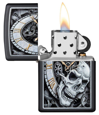 Зажигалка ZIPPO Часы и череп с черным матовым покрытием | Skull Clock Black Matte, латунь/сталь, чёрная, матовая, 38x13x57 мм