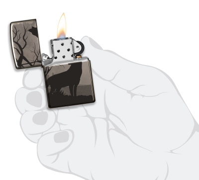 Зажигалка ZIPPO Wolves Design с покрытием Black Ice®, латунь/сталь, чёрная, глянцевая, 38x13x57 мм