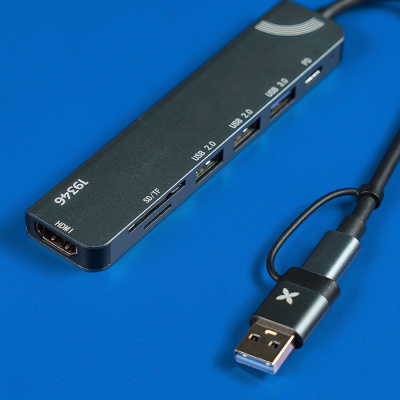 USB-хаб STEM 7 в 1, серый, алюминий