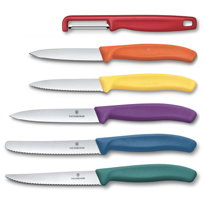 Набор из 6 ножей VICTORINOX: овощечистка, 3 ножа для овощей, столовый нож, нож для пиццы и стейка