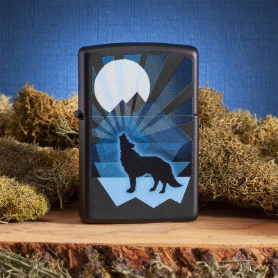 Зажигалка ZIPPO Wolf and Moon с покрытием Black Matte, латунь/сталь, чёрная, матовая, 38x13x57 мм