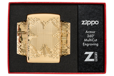 Зажигалка ZIPPO Armor® Lucky Clover с покрытием High Polish Gold Plate, латунь/сталь, золотистая, 38x13x57 мм