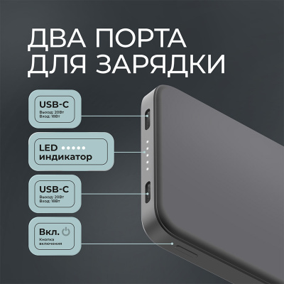 Внешний АКБ NRG Turbo S 10000 mAh, 20Вт, графит, Deppa , размер 10000 mAh