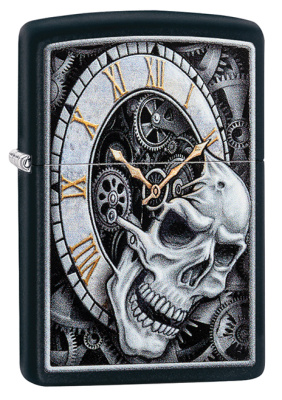 Зажигалка ZIPPO Часы и череп с черным матовым покрытием | Skull Clock Black Matte, латунь/сталь, чёрная, матовая, 38x13x57 мм