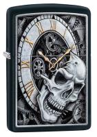 Зажигалка ZIPPO Skull Clock с покрытием Black Matte, латунь/сталь, чёрная, матовая, 38x13x57 мм