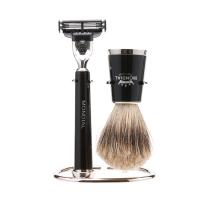 Бритвенный набор MONDIAL: станок MACH3, помазок, подставка, смола в черном цвете/никелированная латунь, в картонной коробке