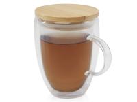 Стеклянная кружка Leona объемом 350 мл с бамбуковой крышкой - прозрачный