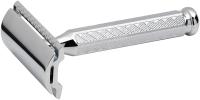 Cтанок Т-образный для бритья MERKUR 42C, глянцевое хромированное покрытие, прямой срез, закрытый гребень, короткая ручка, лезвие в комплекте (1 шт)