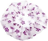 Шапочка DEWAL Beauty для душа без кружева, белая с фиолетовыми цветами