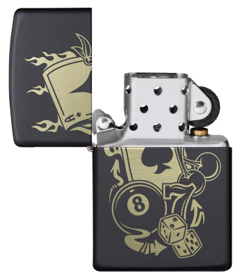 Зажигалка ZIPPO Gambling Design с покрытием Black Matte, латунь/сталь, чёрная, матовая, 38x13x57 мм