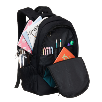 Рюкзак TORBER КЛАСС, чёрно-зелёный, 46 x 32 x 18 см + Мешок для сменной обуви в подарок!