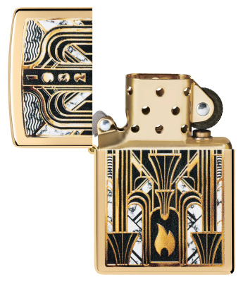 Зажигалка ZIPPO Art Deco Flame с покрытием High Polish Brass, латунь/сталь, золотистая, 38x13x57мм