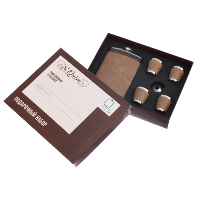 Набор S.Quire фляга 0,27 л, 4 стопки, воронка, сталь, искусственная кожа, коричневый