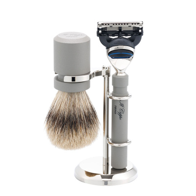 Бритвенный набор IL Ceppo:станок, помазок, подставка, алюминий/никелированная латунь, FUSION, натуральный ворс барсука BEST BADGER, размер узла M (22)