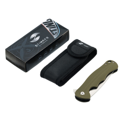 Нож складной Stinger, 115 мм (серебристый), сталь D2, материал рукояти: стеклотекстолит G10 (хаки), в картонной коробке