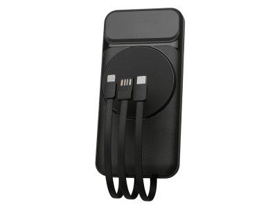 Магнитный беспроводной внешний аккумулятор со встроенными кабелями Мэни,быстаря зарядка, 10000 мАч, черный