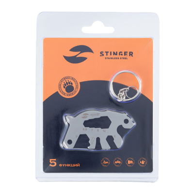 Мини-мультитул карманный Stinger, 55 x 35 мм, 5 функций, медведь, нержавеющая сталь, серебристый, в блистере