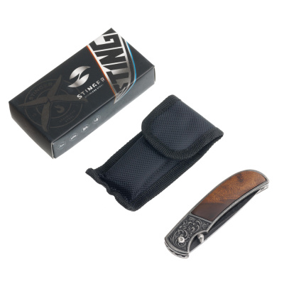 Нож складной Stinger, 71 мм, (чёрный), материал рукояти: сталь/дерево (коричневый)