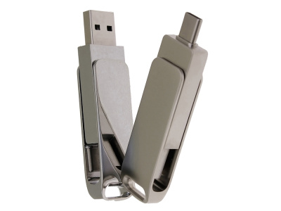USB 2.0- флешка на 64 Гб поворотный механизм 2 в 1, c дополнительным разъемом Type-C с одноцветным металлическим клипом, серебристый , размер 64ГБ
