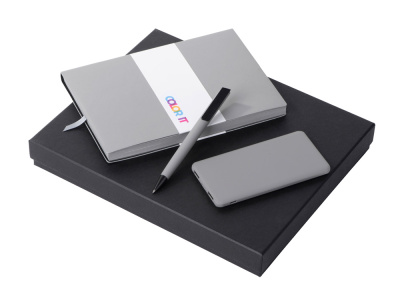 Подарочный набор c блокнотом С1, ручкой и повербанком 5000 mAh,  серый , размер гибкая обложка