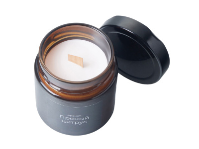 Свеча в стеклянной коричневой банке 200мл, аромат Пряный цирус, фитиль деревянный