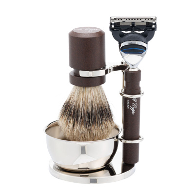 Бритвенный набор IL Ceppo: станок, помазок, подставка, чаша, алюминий/никелированная латунь, FUSION, натуральный ворс барсука BEST BADGER