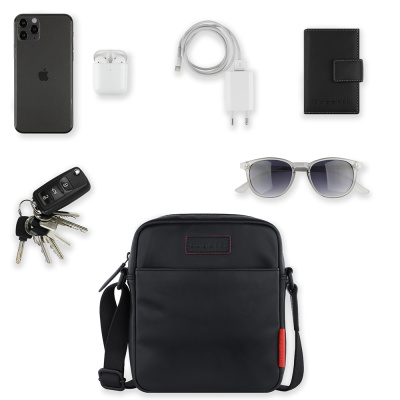 Сумка наплечная мужская BUGATTI КЛАРК | CLARK, чёрная, воловья кожа/полиэстер, 18х5,5х20 см, 2 л