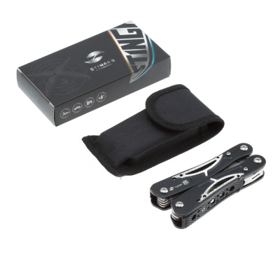 Мультитул Stinger, 104x45 мм, 13 функций, сталь/алюминий, серебристо-чёрный, в нейлоновом чехле