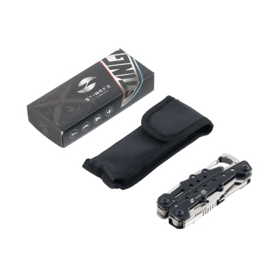 Мультитул Stinger, 105x40 мм, 12 функций, сталь, чёрно-серебристый, в комплекте нейлоновый чехол