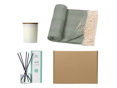 Подарочный набор с пледом, свечой и диффузором, оливковый