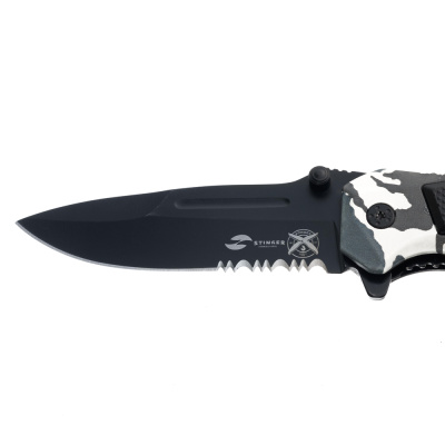 Нож складной Stinger, 90 мм, (чёрный), материал рукояти:сталь/алюминий (серый камуфляж/чёрный)