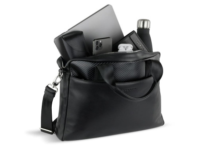 Портфель мужской BUGATTI КОМЕТА | COMET, чёрный, воловья кожа/полиэстер, 37х6х27 см