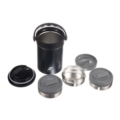 Термос ланч-бокс Stinger, 1,7 л, широкий, сталь, чёрный, три контейнера, 16,1 x 14,9 x 21,5