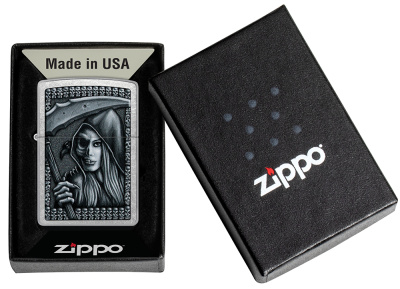 Зажигалка ZIPPO Grim Beauty с покрытием Street Chrome, латунь/сталь, серебристая, матовая, 38x13x57 мм