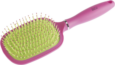 Щетка Dewal Beauty серия "Ягода" массажная с нейлоновым штифтом, квадратная, розовая с зеленым