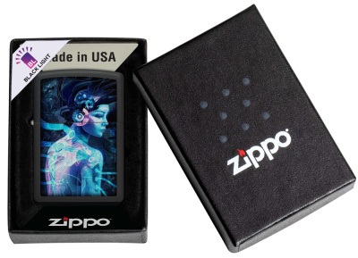 Зажигалка ZIPPO Cyborg Woman с покрытием Black Light, латунь/сталь, черная, матовая 38x13x57 мм