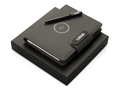 Подарочный набор металлическая ручка и блокнот А5 Twilight  со светящимся логотипом и пауэрбэнком