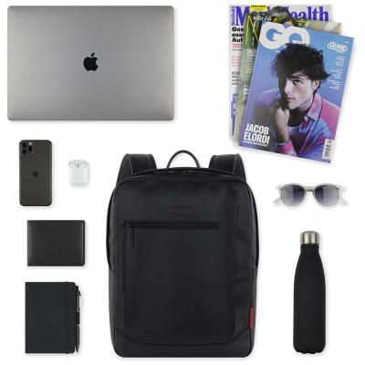 Рюкзак мужской BUGATTI КЛАРК | CLARK, чёрный, воловья кожа/полиэстер, 30х10х40 см, 12 л