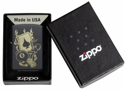 Зажигалка ZIPPO Gambling Design с покрытием Black Matte, латунь/сталь, чёрная, матовая, 38x13x57 мм