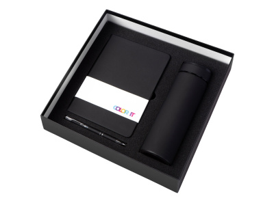 Подарочный набор с блокнотом С3, металлической ручкой и термосом, черный , размер магнитная обложка