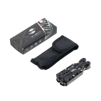 Мультитул Stinger, 105x40 мм,13 функций, сталь, чёрно-серебристый, в комплекте нейлоновый чехол