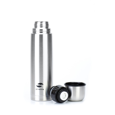 Термос Stinger с чехлом, 1 л, узкий, сталь/кожзаменитель, с чехлом, серебристый, 8,6 х 8,6 х 31,4 см