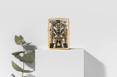 Зажигалка ZIPPO Art Deco Flame с покрытием High Polish Brass, латунь/сталь, золотистая, 38x13x57мм