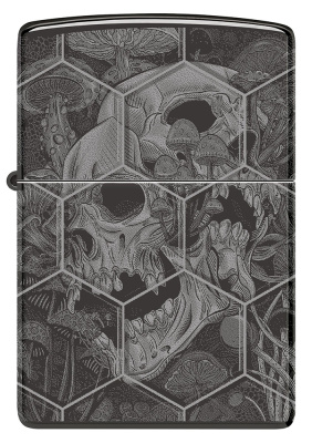 Зажигалка ZIPPO Mushroom Skulls с покрытием High Polish Black, латунь/сталь, черная, глянцевая, 38x13x57 мм