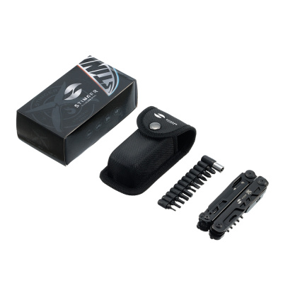 Мультитул Stinger, 113 х 19 мм, 19 функций, сталь, черный, в картонной коробке, в комплекте нейлоновый чехол