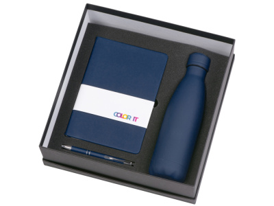 Подарочный набор с блокнотом С2, металлической ручкой и термобутылкой, темно-синий , размер твердая обложка